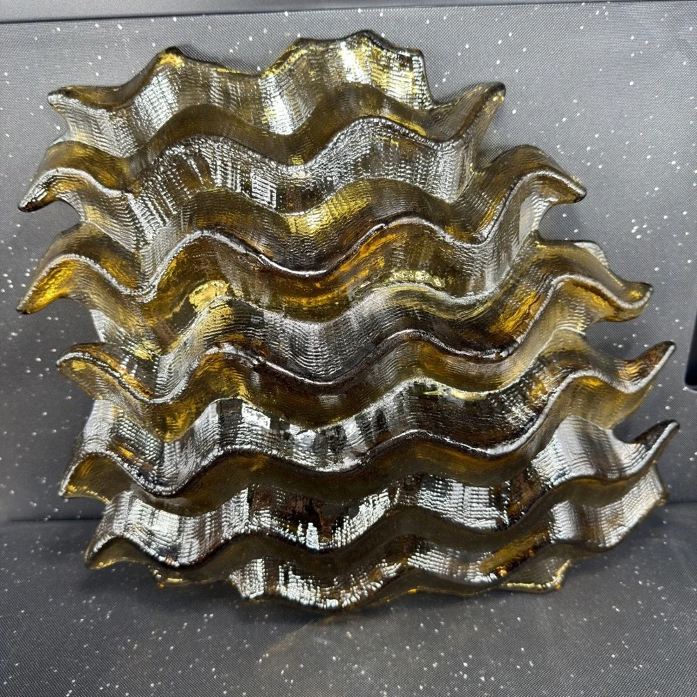 Hudson Beach Amber Gold Textured Wavy Art Glass Centerpiece Bowl 13in Blown